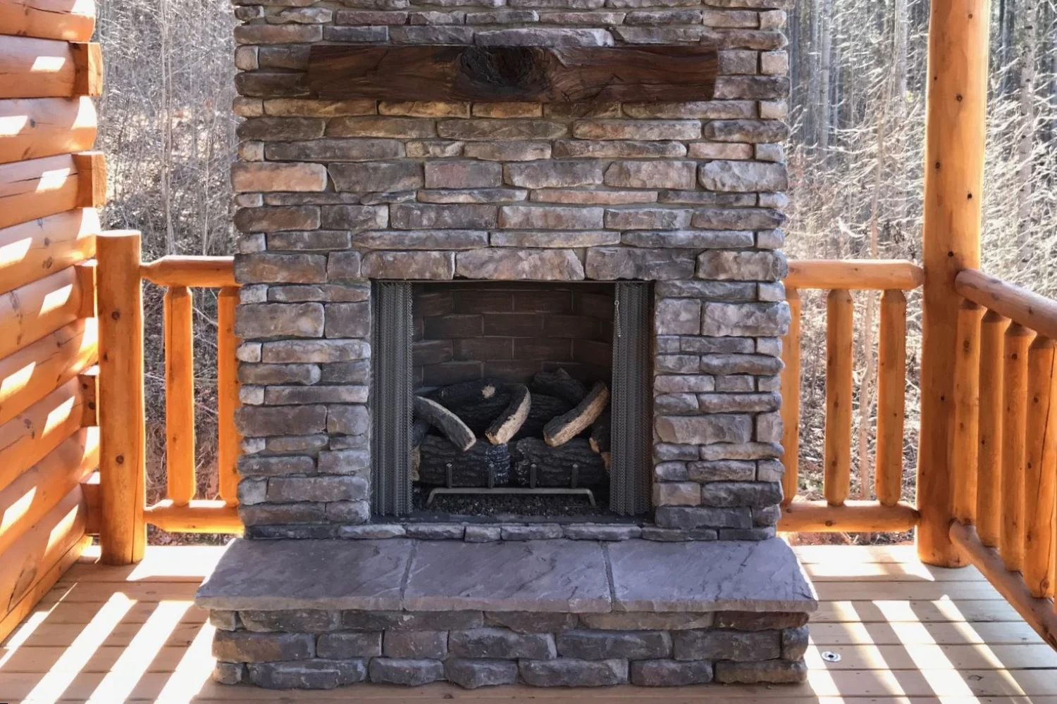 Fieldstone fireplace mantles evoke a rustic charm