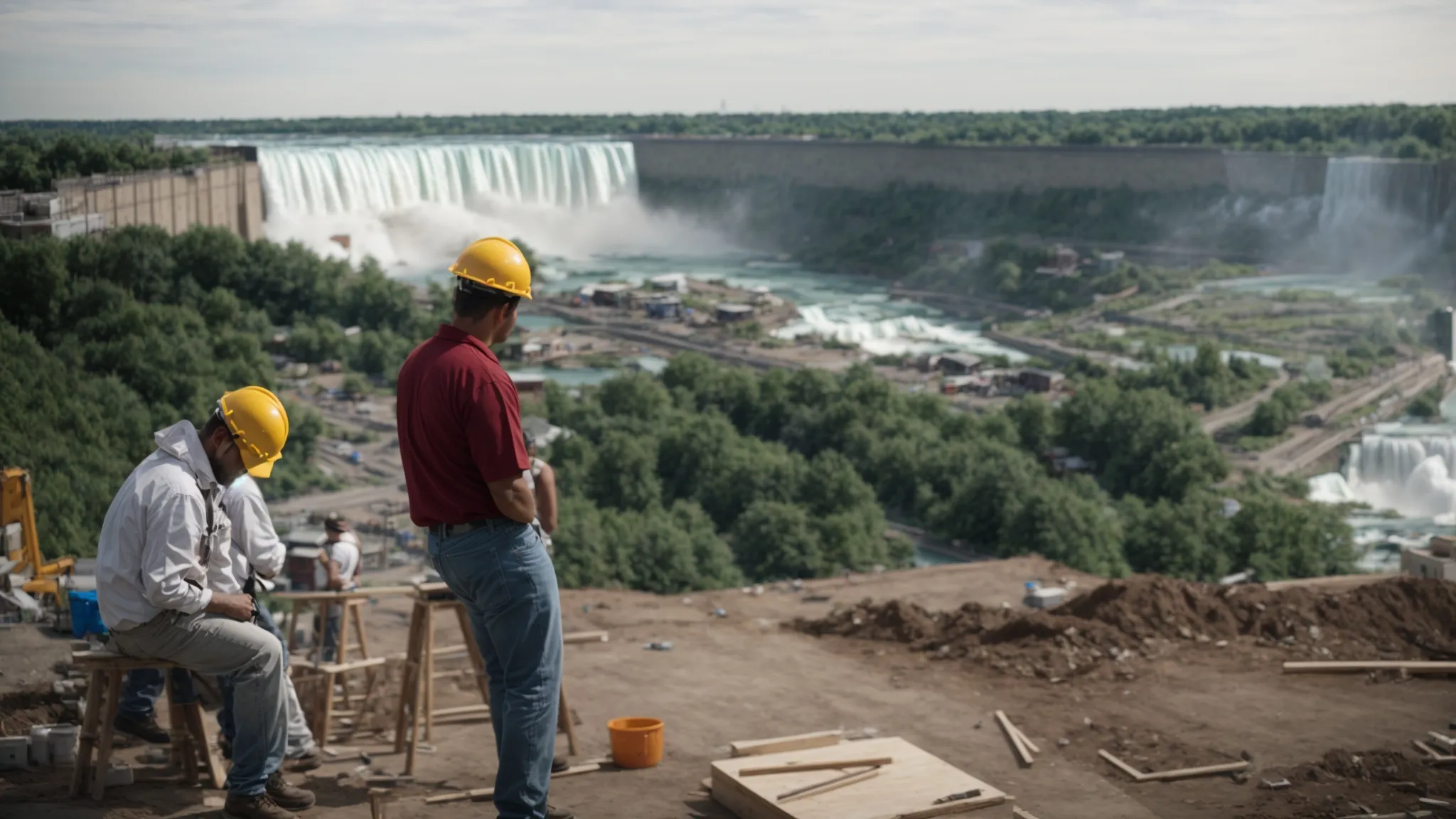 a contractor and homeowner discuss plans outside a house under construction with the niagara falls in the background.