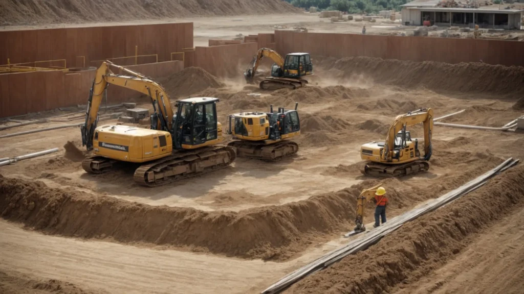 a construction team operates heavy machinery to pour concrete into prepared foundation outlines at a cleared construction site.