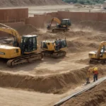 a construction team operates heavy machinery to pour concrete into prepared foundation outlines at a cleared construction site.