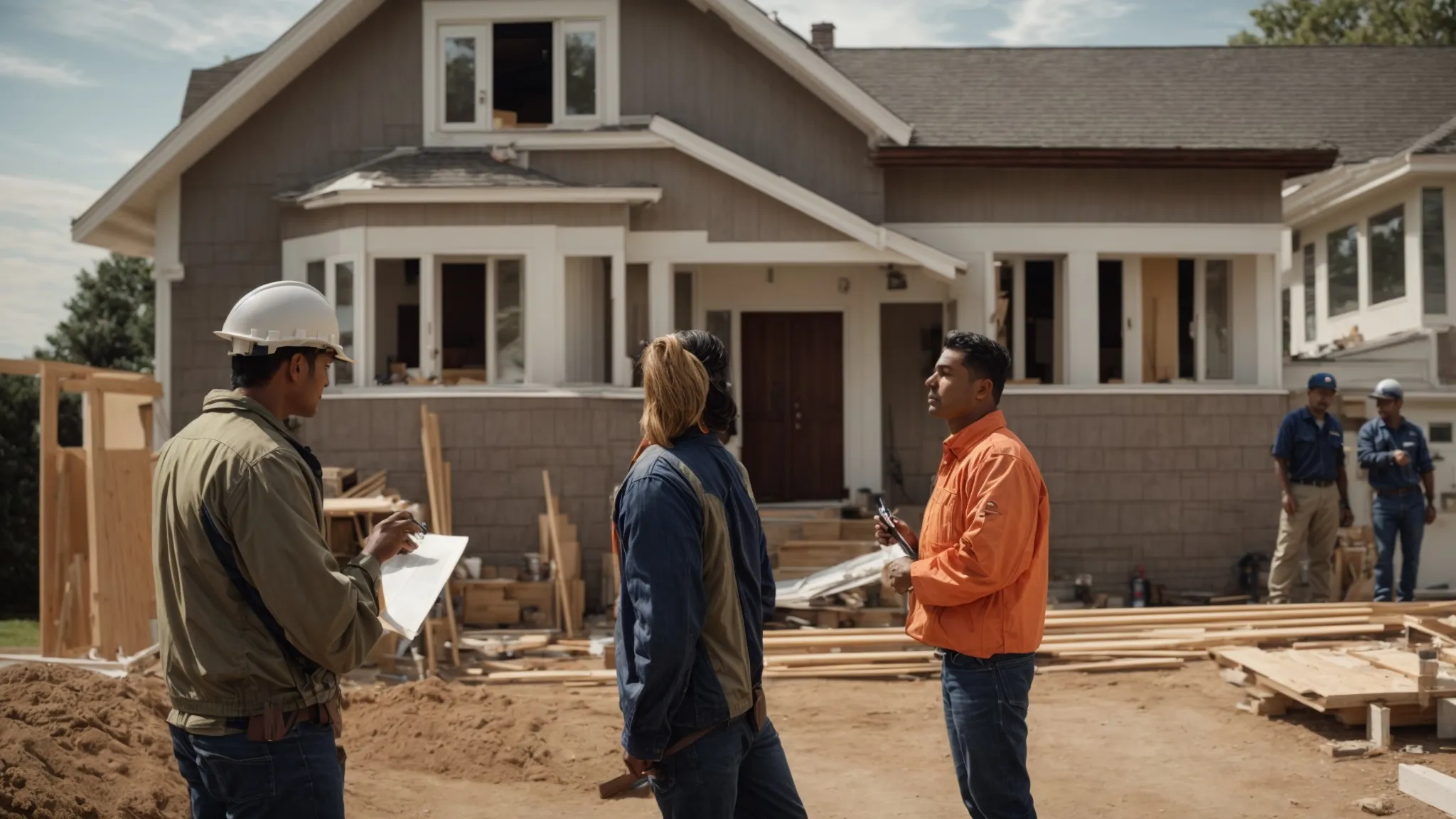 a homeowner discusses renovation plans with a construction team in front of a house.