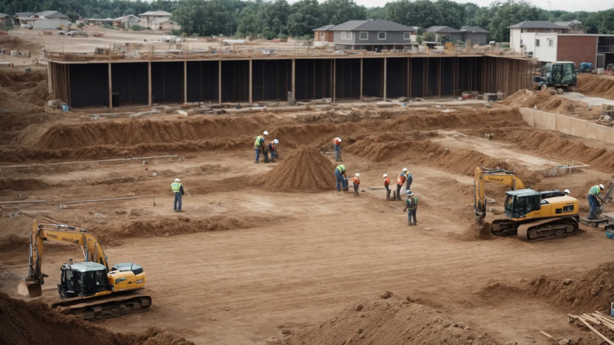 a construction team works diligently on a new foundation at a building site, surrounded by excavated earth and construction materials.