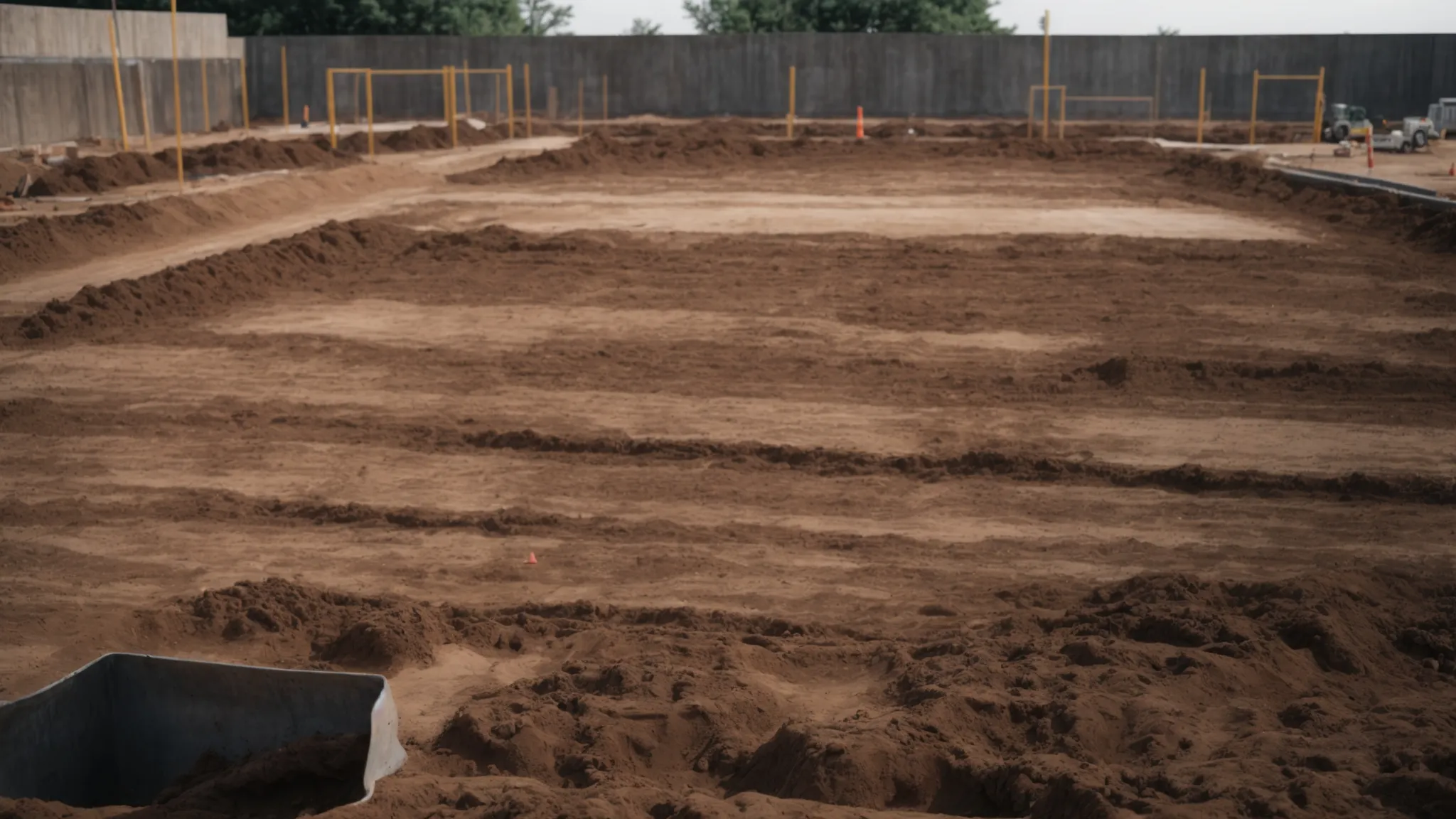 a construction site with a clear area prepared for laying a concrete foundation, featuring construction markers and untouched soil.