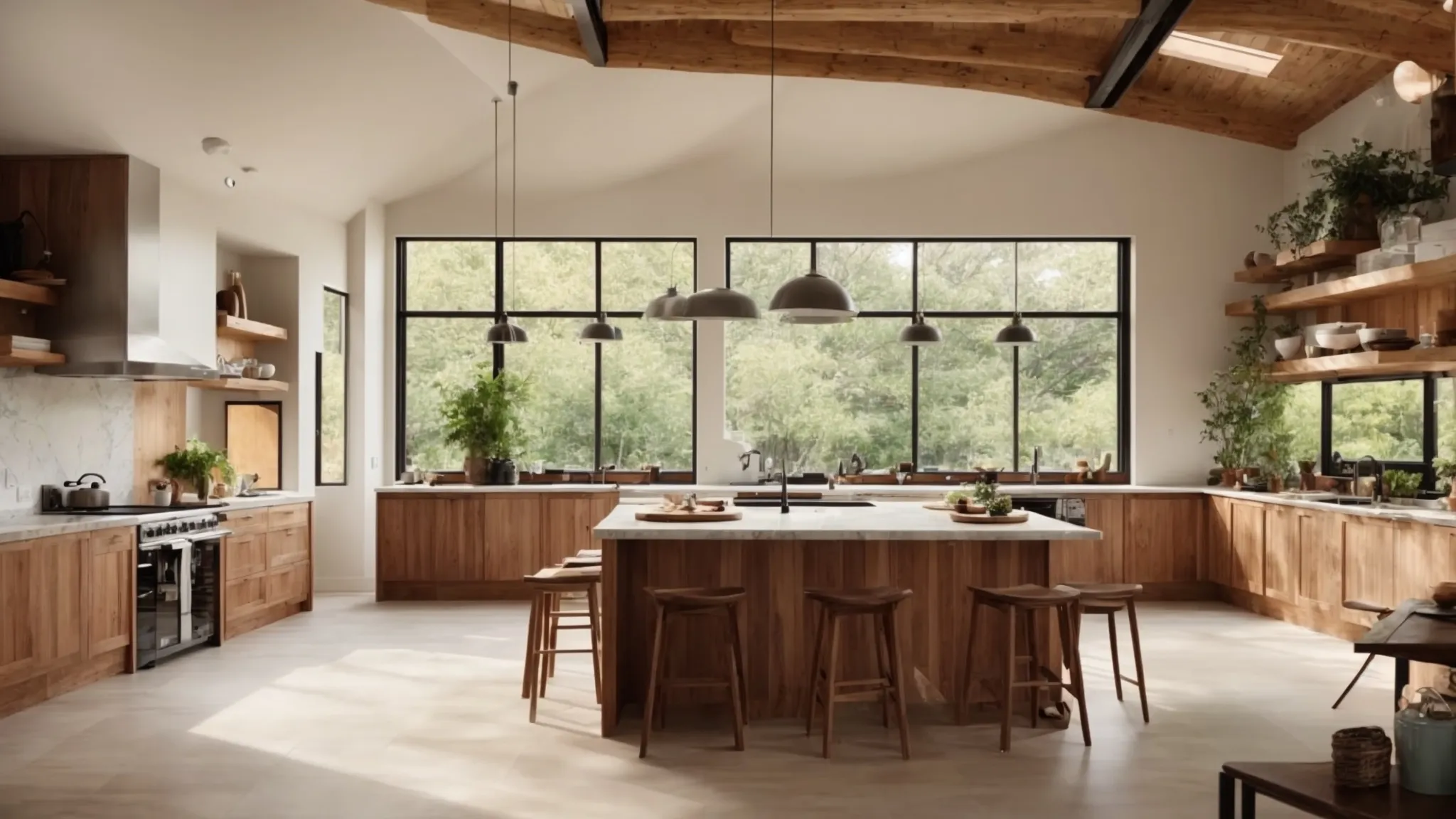 a spacious, open-concept kitchen and living area with large windows providing abundant natural light, featuring a blend of wood and stone elements.