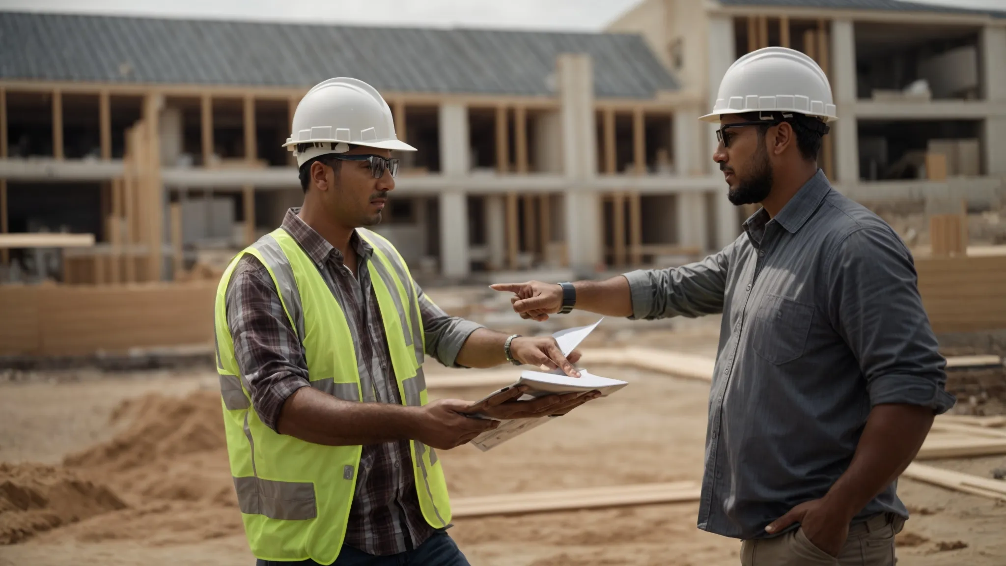 a professional contractor discusses plans with a client on a construction site, pointing towards the ground where the new foundation will be laid.