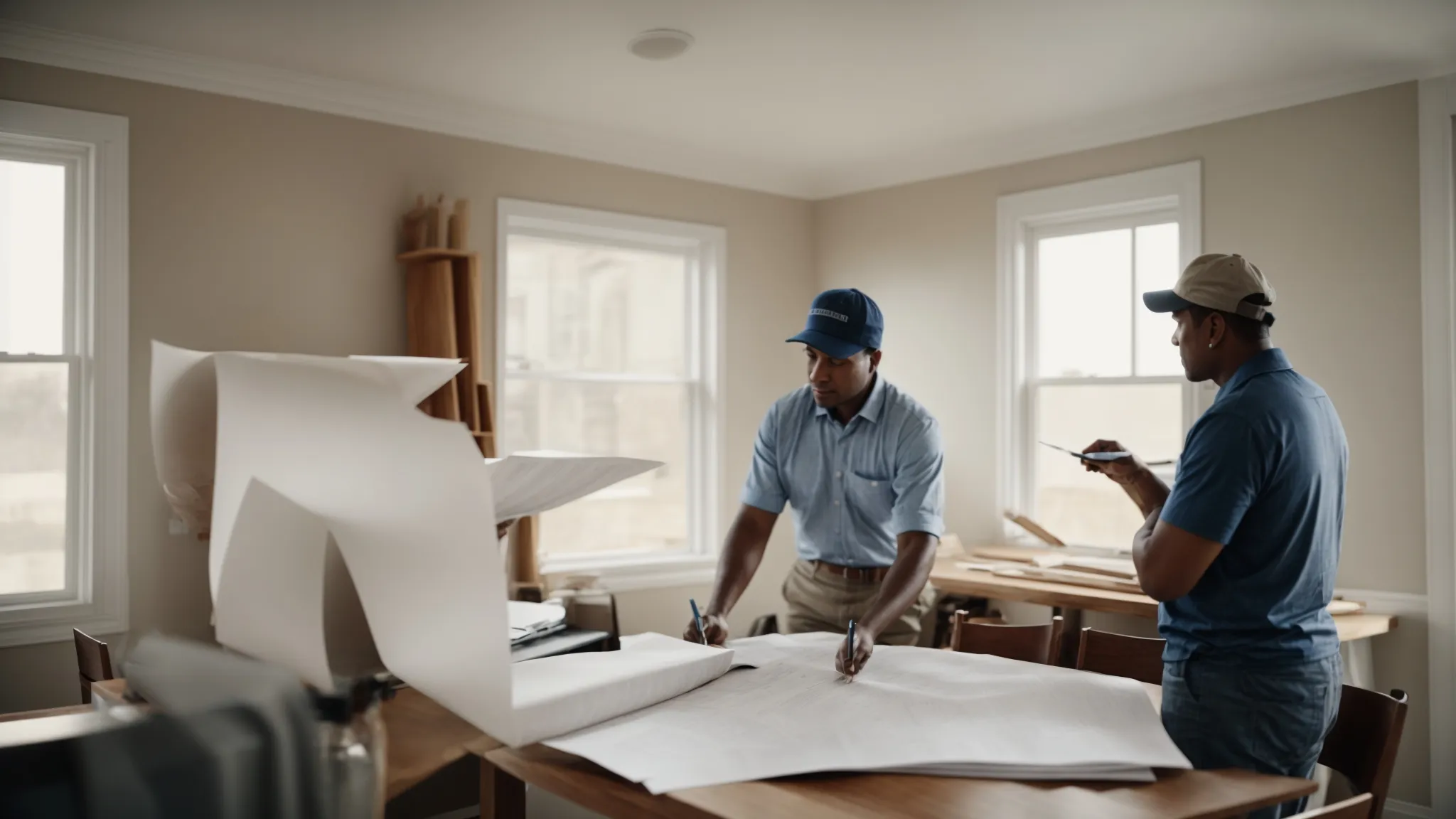 a homeowner and a contractor discuss plans over a dining table covered with blueprints and a calculator nearby, with a view of a home under renovation visible through the window.