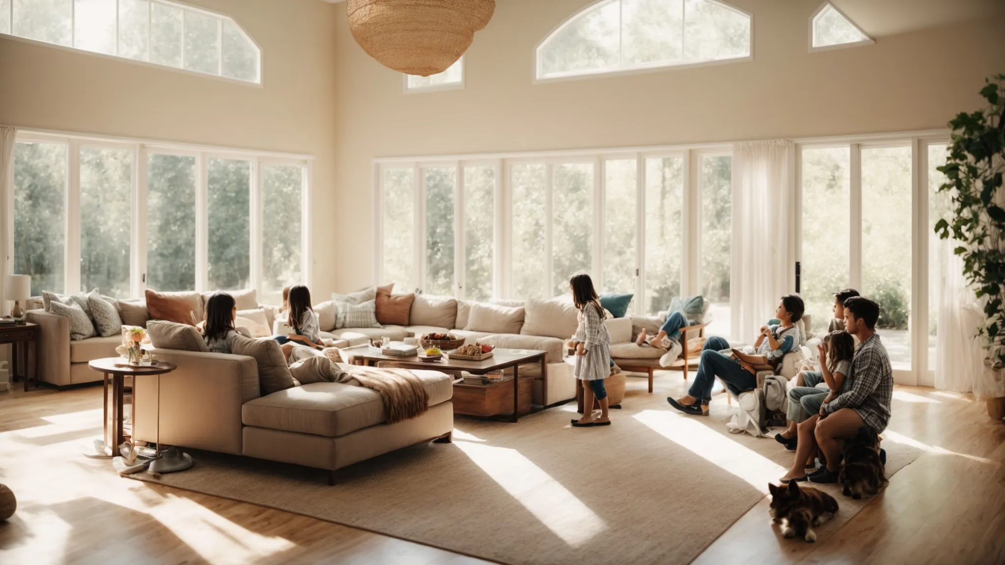 a family gathers in their spacious, sunlit living room, marveling at the new, expansive addition to their home.