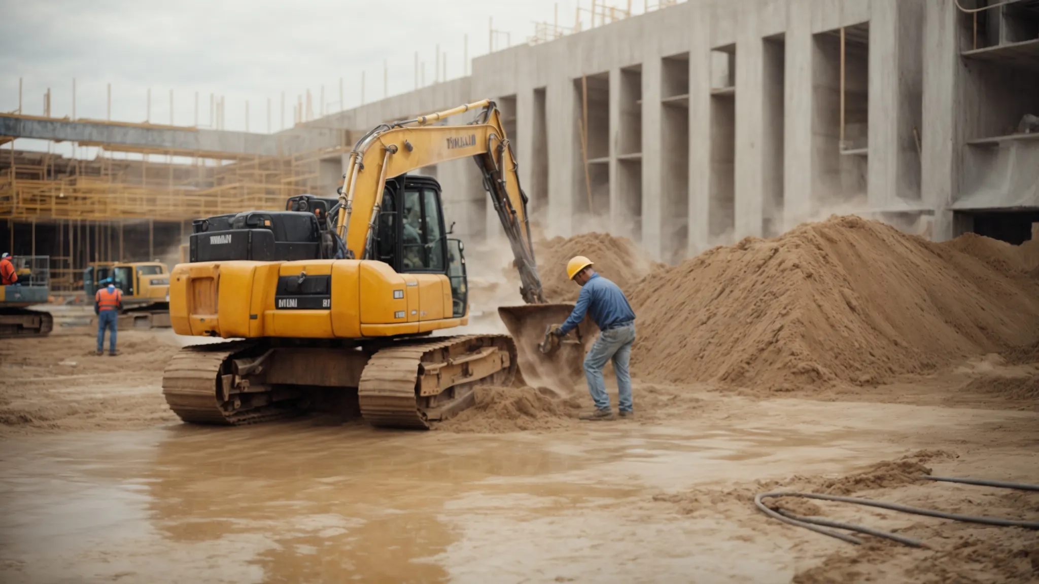 a construction crew operates heavy machinery, pouring and smoothing concrete for a new foundation at a construction site.