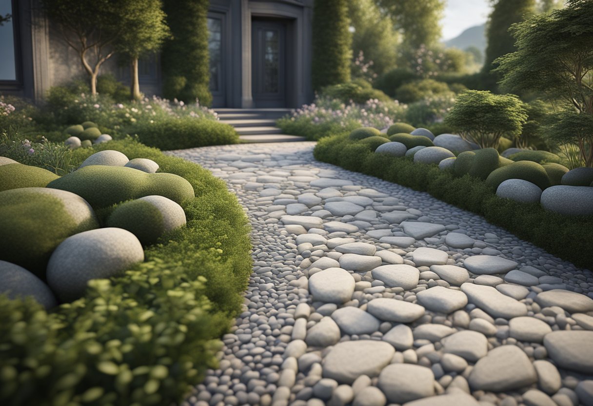 A stone pathway winds through a garden, bordered by neatly trimmed hedges and accented with decorative boulders and pebbles