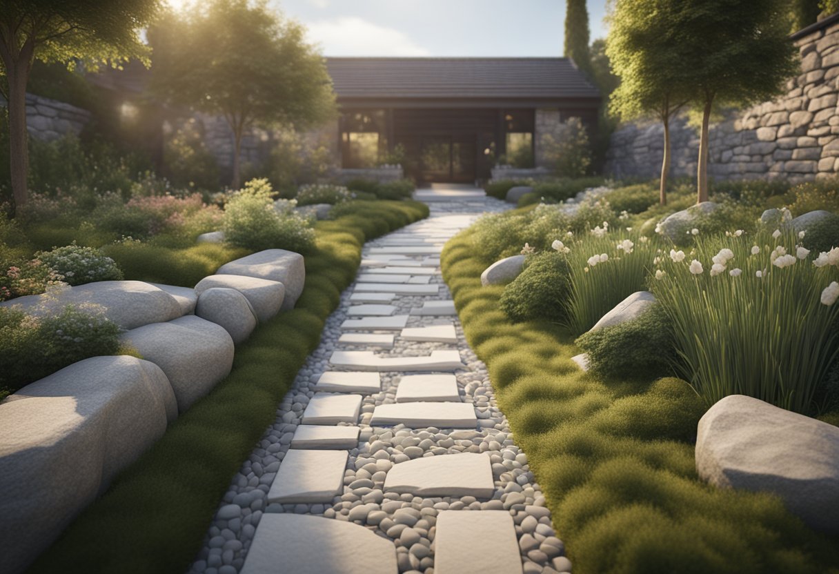 A stone pathway winds through a garden, bordered by neatly arranged pavers and surrounded by carefully placed retaining walls and decorative boulders