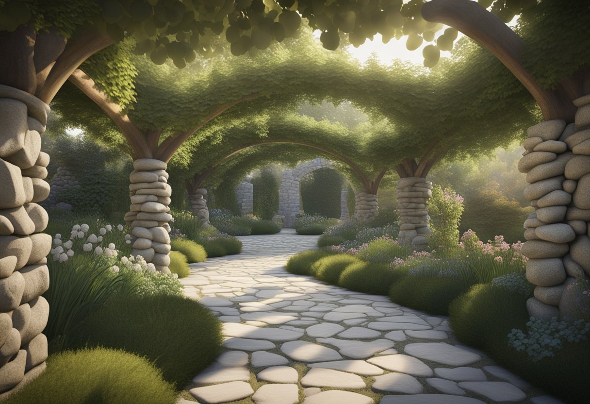 A stone pathway winds through a garden, bordered by a low wall and accented with decorative boulders. A pergola stands in the distance, draped with climbing vines
