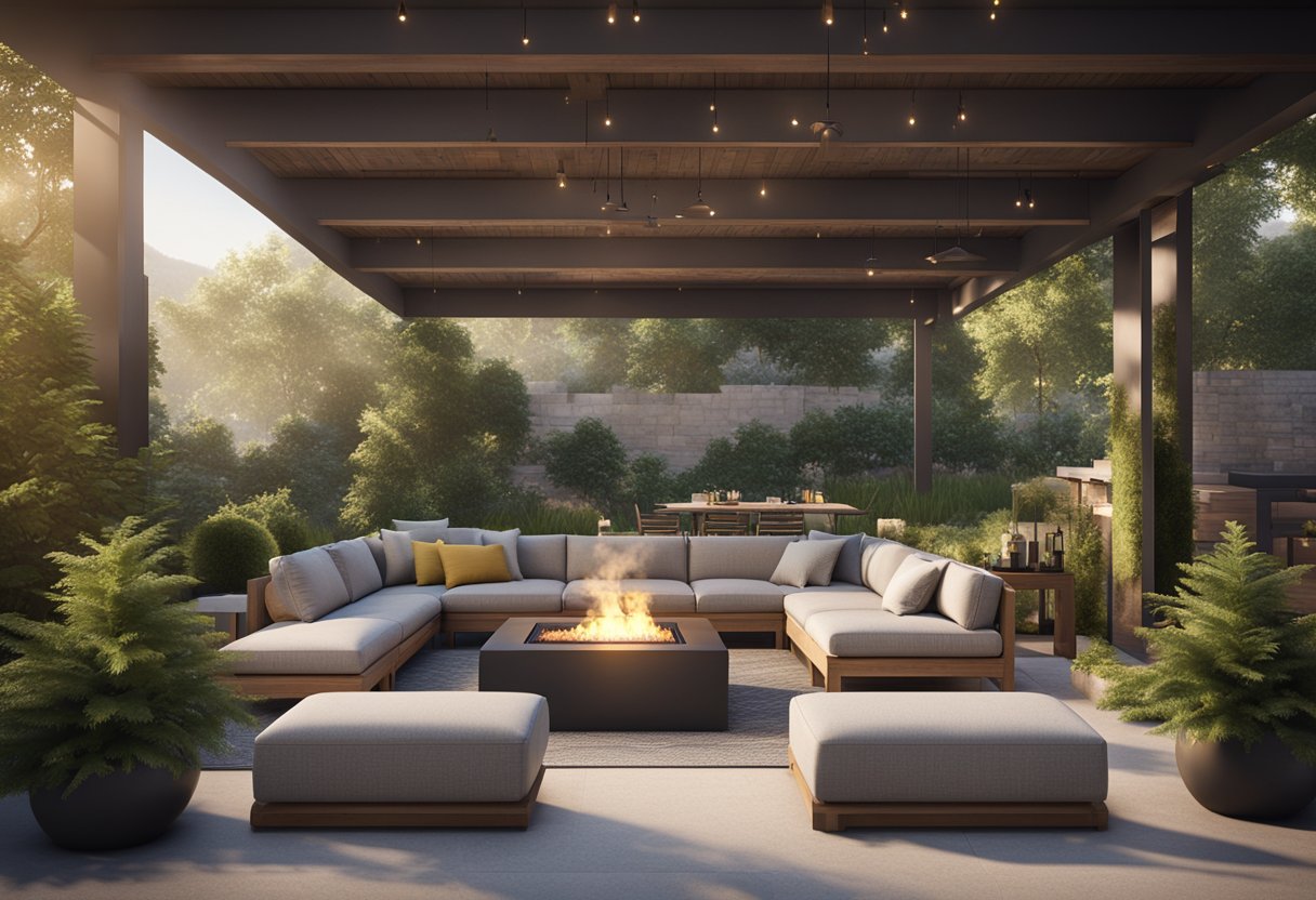 A spacious outdoor patio with a built-in fire pit, BBQ grill, and seating area surrounded by lush greenery and decorative hardscape elements