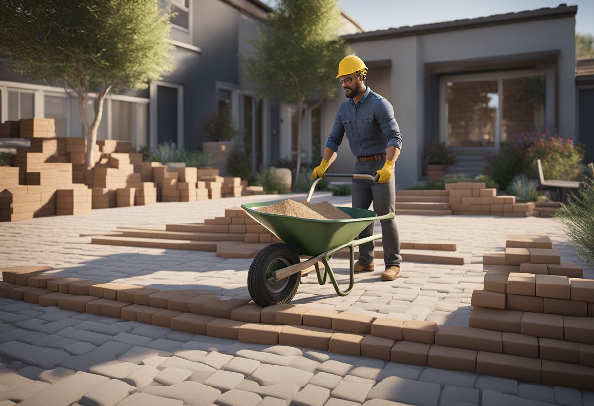 A landscaper lays bricks for a new hardscape, surrounded by tools, pavers, and bags of sand. A wheelbarrow sits nearby, ready for use