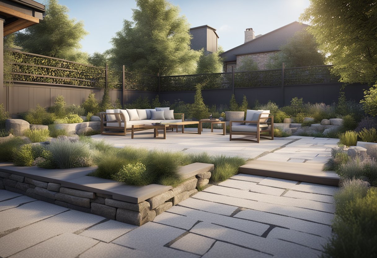A backyard with a mix of DIY and professional hardscape landscaping projects, featuring stone pathways, retaining walls, and outdoor seating areas