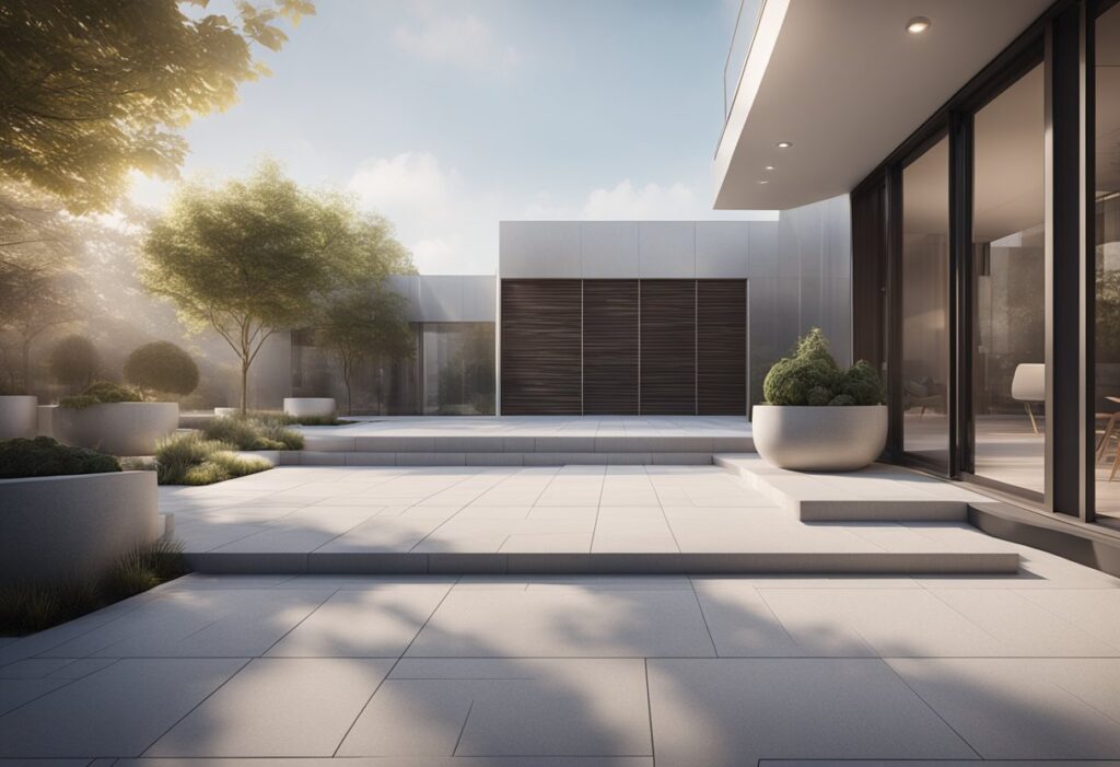 A modern hardscape design with clean lines and innovative materials, featuring geometric patterns and integrated lighting for a sleek and contemporary look
