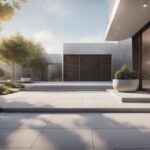 A modern hardscape design with clean lines and innovative materials, featuring geometric patterns and integrated lighting for a sleek and contemporary look