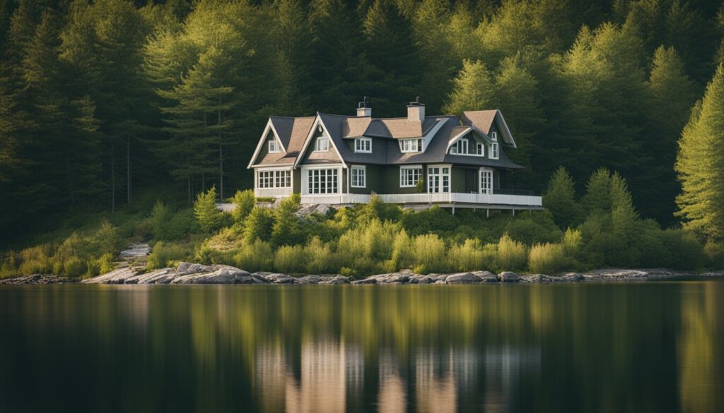 A cozy cottage sits nestled by the calm waters of Eastern Ontario, surrounded by lush greenery and a peaceful atmosphere
