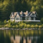A cozy cottage sits nestled by the calm waters of Eastern Ontario, surrounded by lush greenery and a peaceful atmosphere