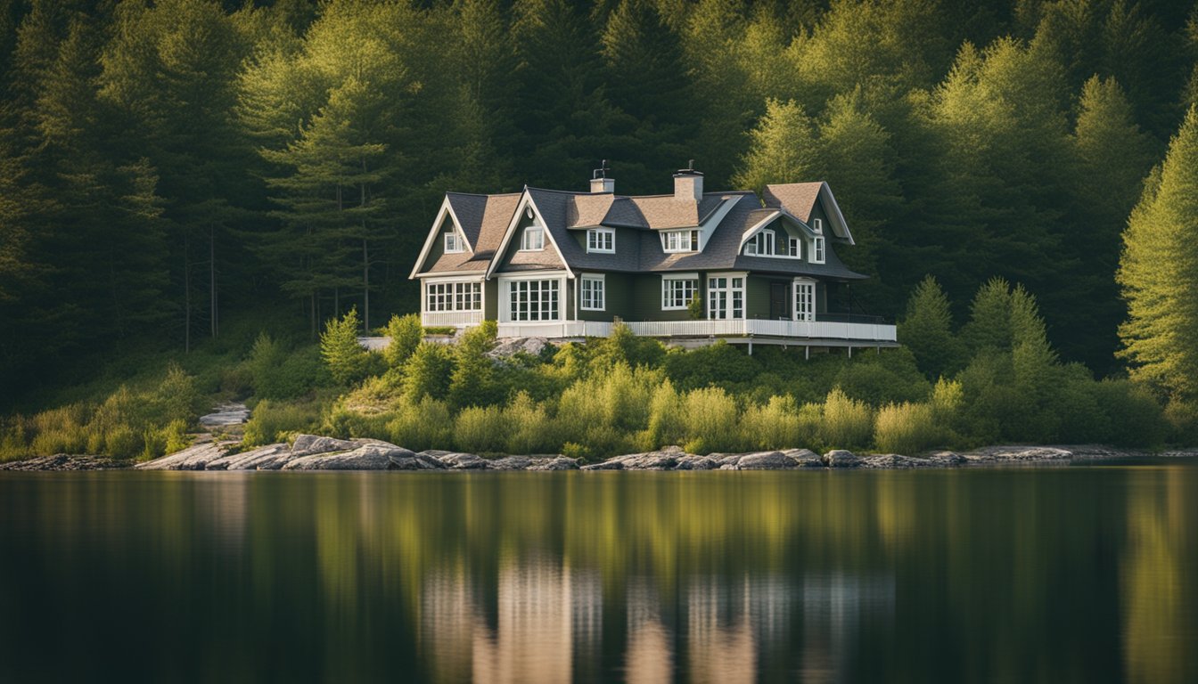A cozy cottage sits nestled by the calm waters of Eastern Ontario, surrounded by lush greenery and a peaceful atmosphere