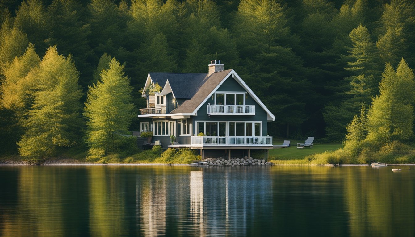 A cozy cottage nestled on the shores of a tranquil lake in Eastern Ontario, surrounded by lush greenery and the sounds of nature