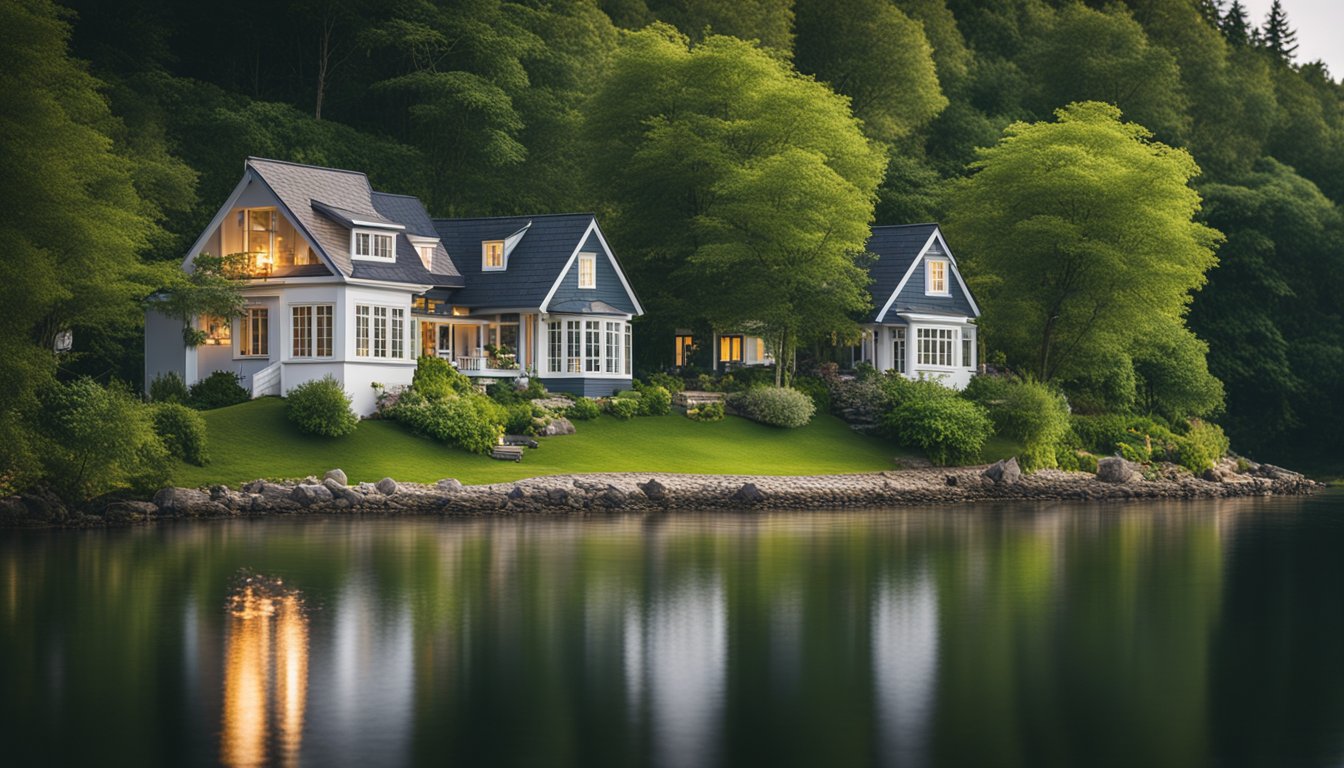 A cozy cottage nestled along the serene waterfront, surrounded by lush greenery and equipped with modern amenities for a comfortable stay