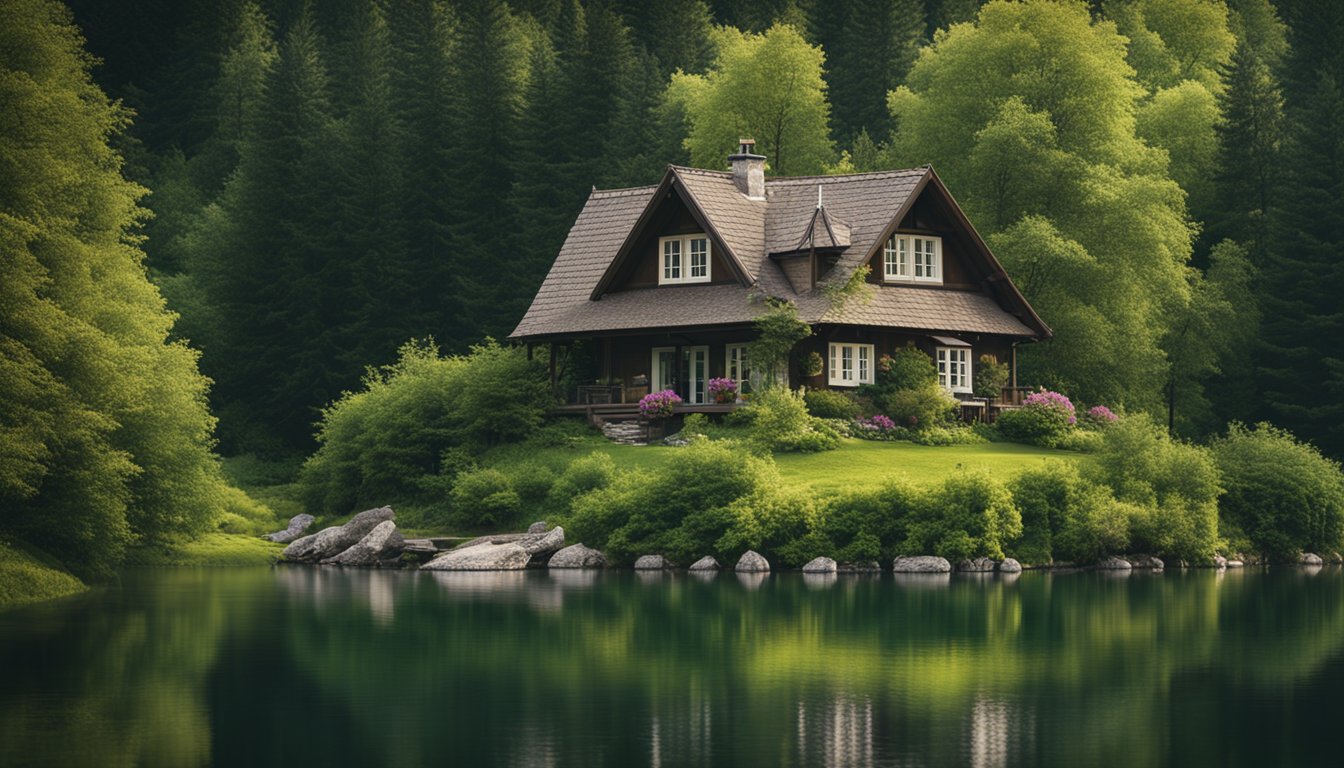 A cozy cottage nestled on the tranquil shores of a crystal-clear lake, surrounded by lush greenery and the peaceful sounds of nature