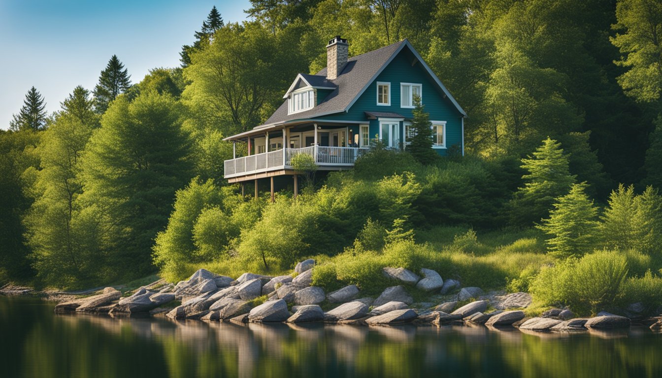 A cozy cottage nestled by the tranquil waters of Eastern Ontario, surrounded by lush greenery and a clear blue sky