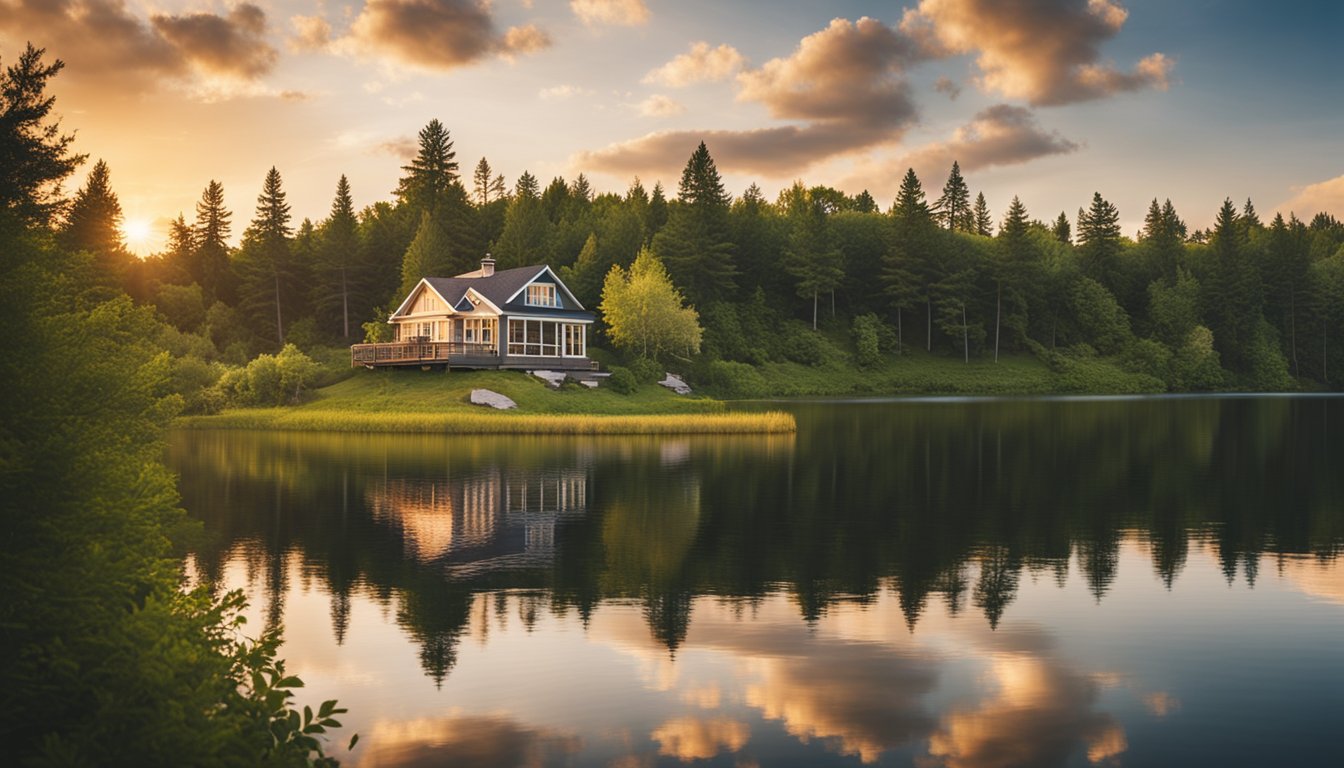 A cozy cottage nestled on the shores of a tranquil lake, surrounded by lush greenery and a beautiful sunset in Eastern Ontario