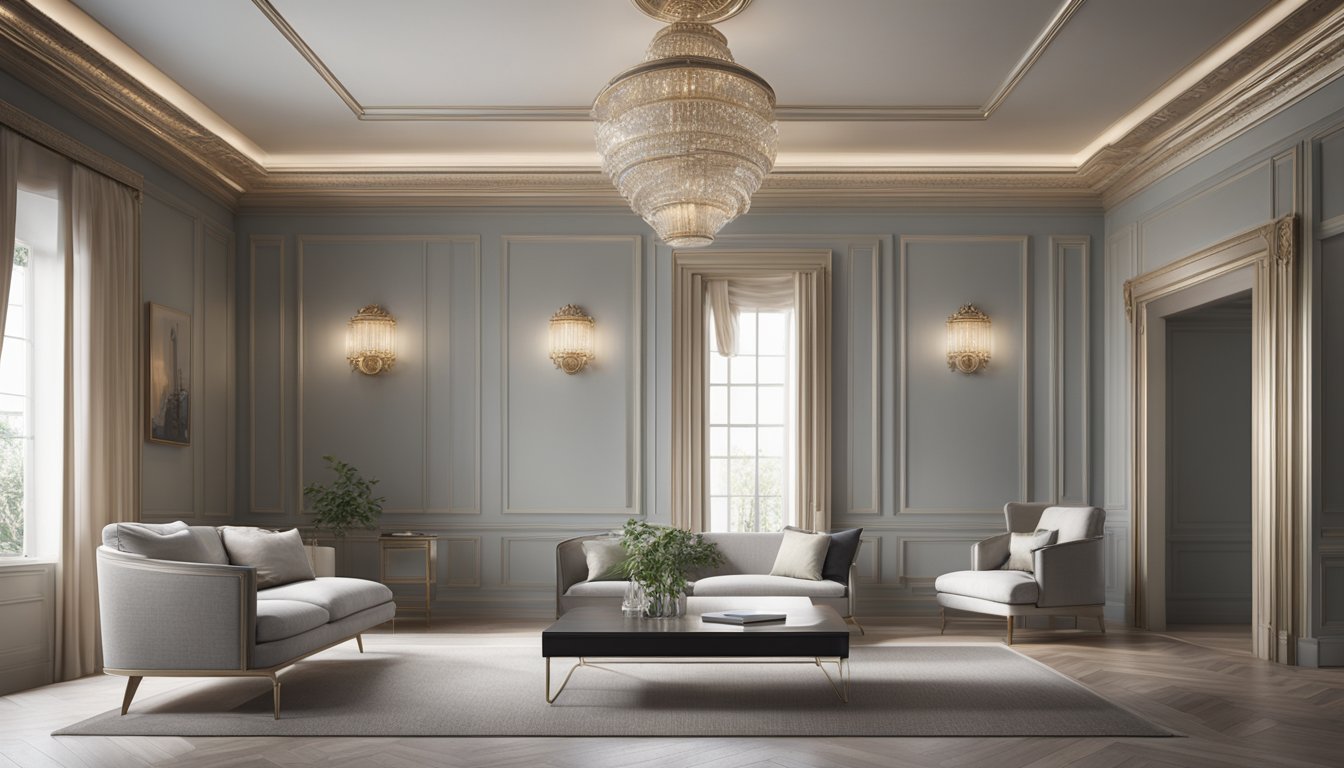 A beautifully crafted crown molding frames the ceiling, adding a touch of elegance and sophistication to the room