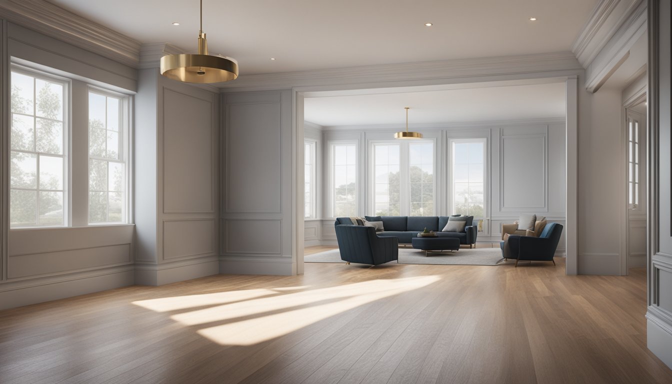 A room with newly installed baseboards and trim carpentry, adding a polished and cohesive look to the space