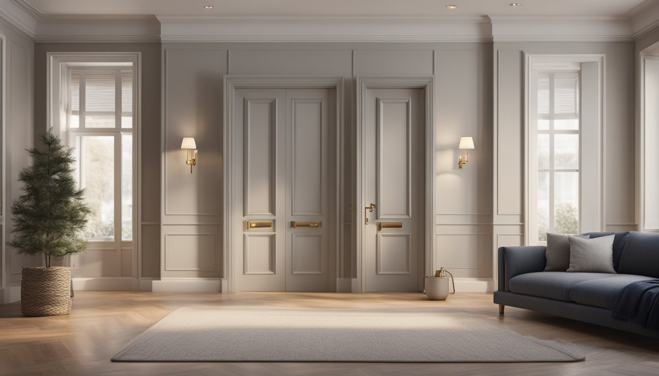 A cozy living room with elegant door casings and trim carpentry, creating a warm and inviting atmosphere
