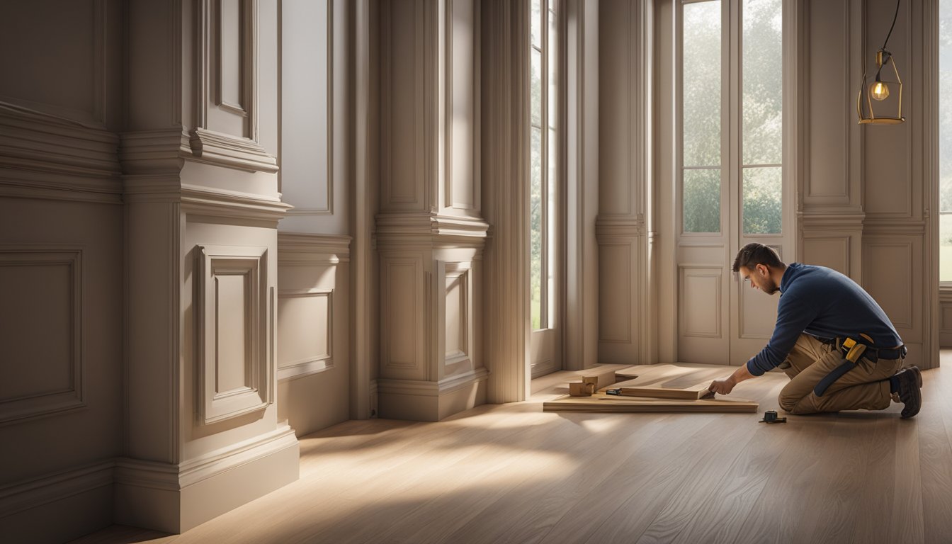 A trim carpenter carefully measuring and cutting molding to fit around a doorway, adding intricate details to enhance the aesthetics of the home