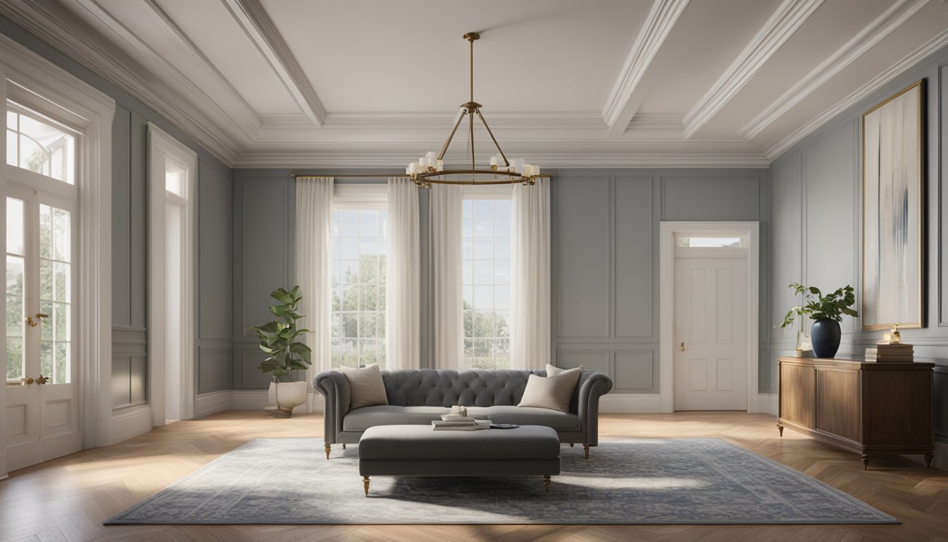 A room with intricate crown molding, wainscoting, and baseboards. The trim carpentry adds elegance and sophistication to the space, enhancing the overall aesthetic