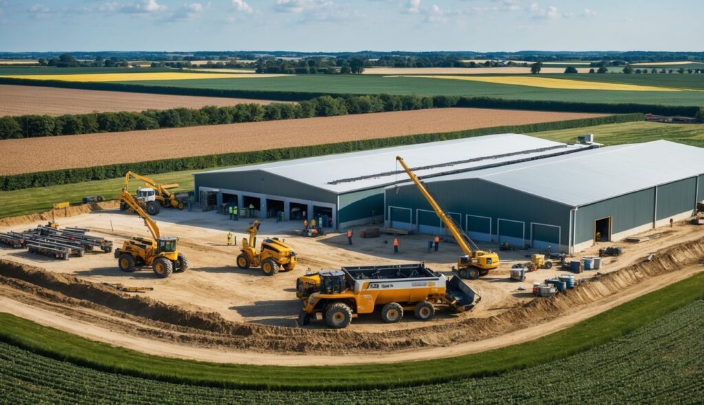 Agricultural construction site with heavy machinery, workers, and buildings under construction surrounded by fields and farm equipment
