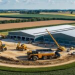 Agricultural construction site with heavy machinery, workers, and buildings under construction surrounded by fields and farm equipment