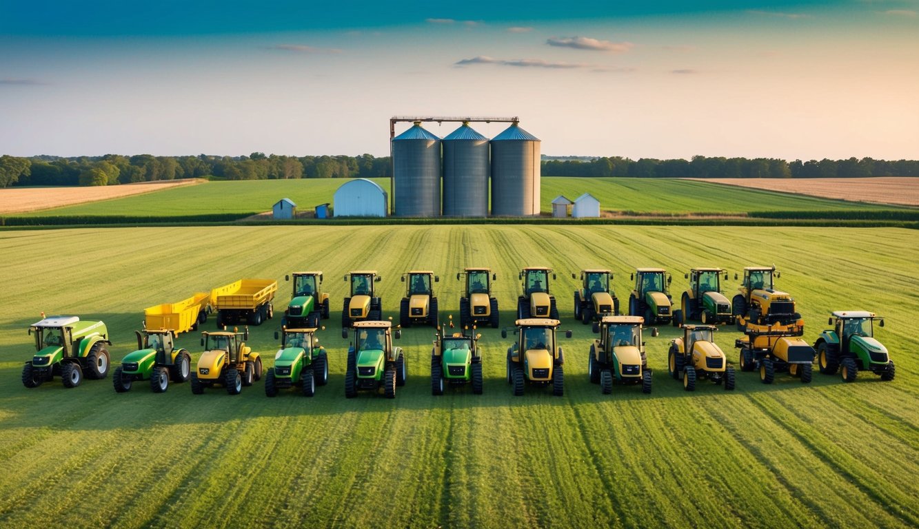Agricultural construction equipment and machinery arranged neatly on a vast open field, surrounded by green pastures and tall silos in the background