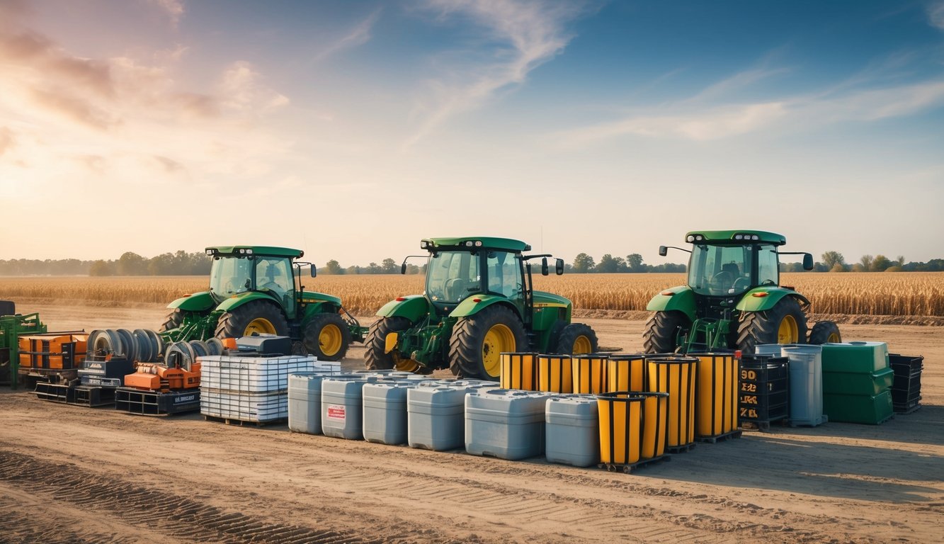 Agricultural construction equipment and materials arranged neatly at a job site