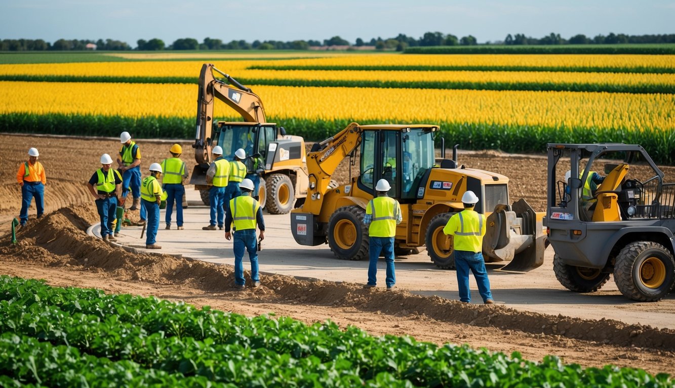 A bustling construction site with workers in hard hats and heavy machinery, surrounded by fields of crops and a focus on quality and customer satisfaction