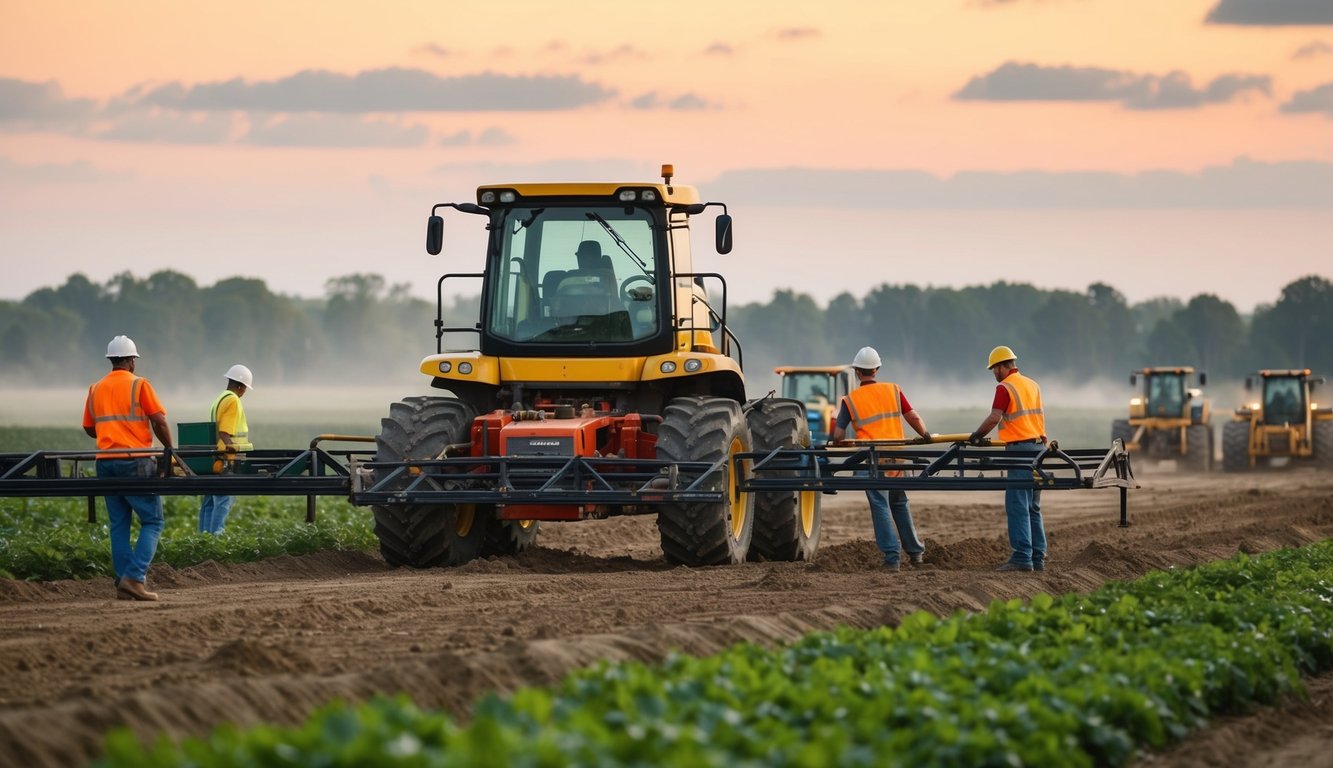 A bustling construction site with heavy machinery and workers building agricultural structures