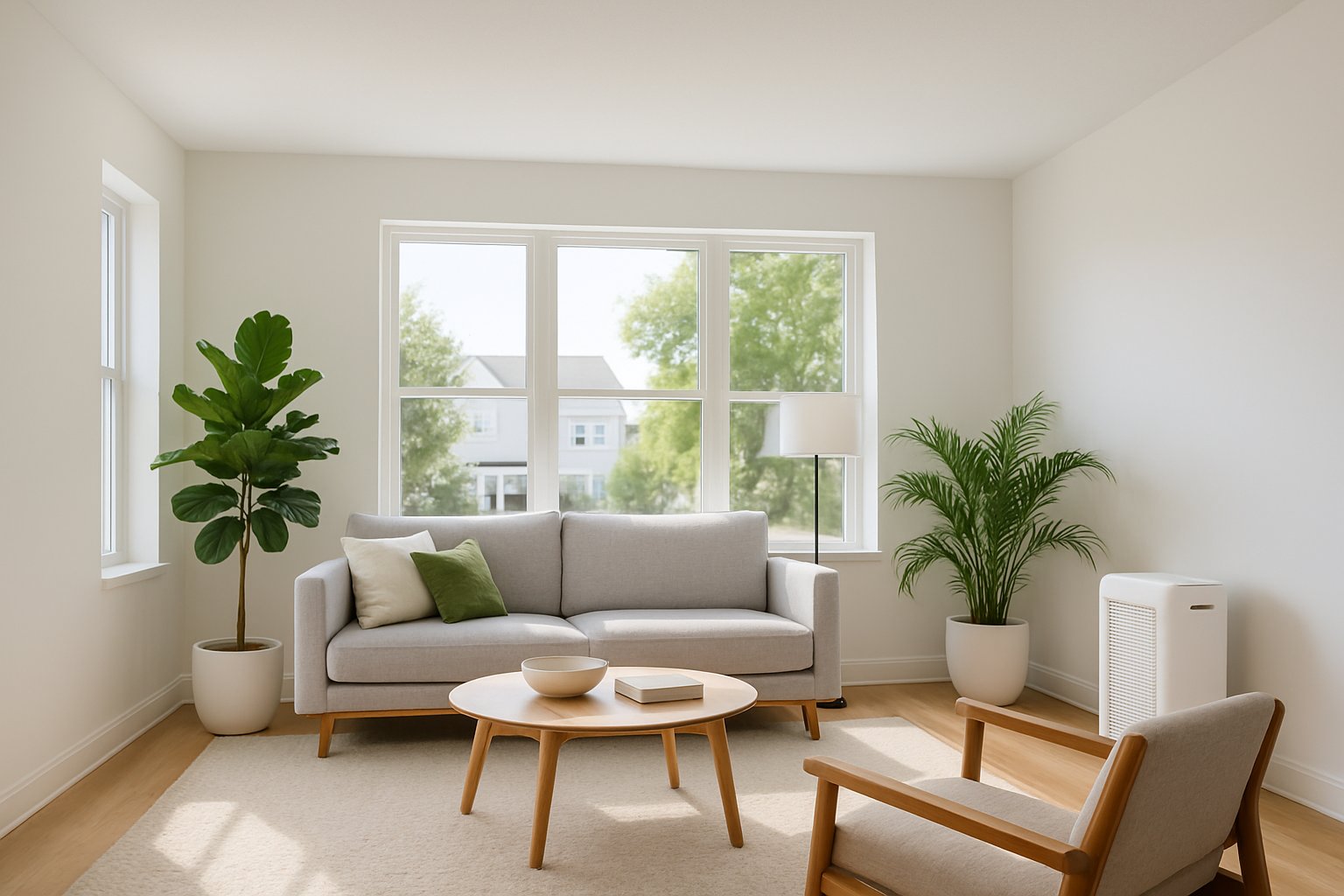 A bright living room with smooth white ceilings, modern furniture, plants, and natural light.