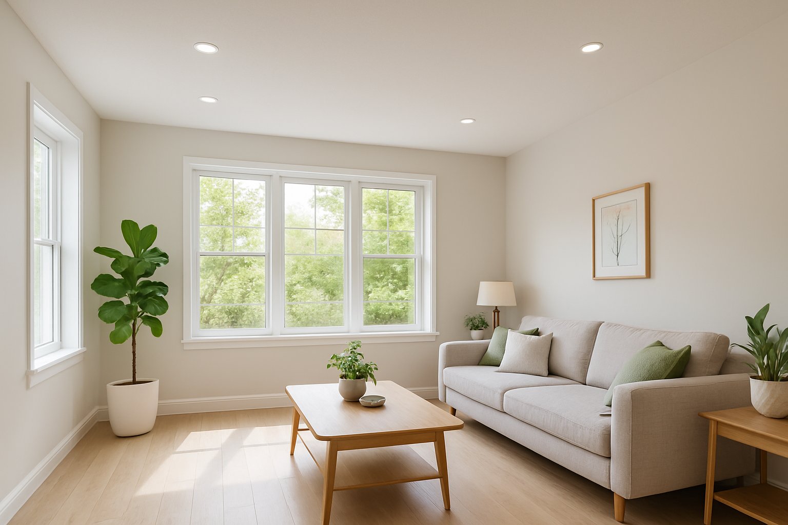 A bright living room with smooth white ceiling, large windows, modern furniture, and indoor plants.