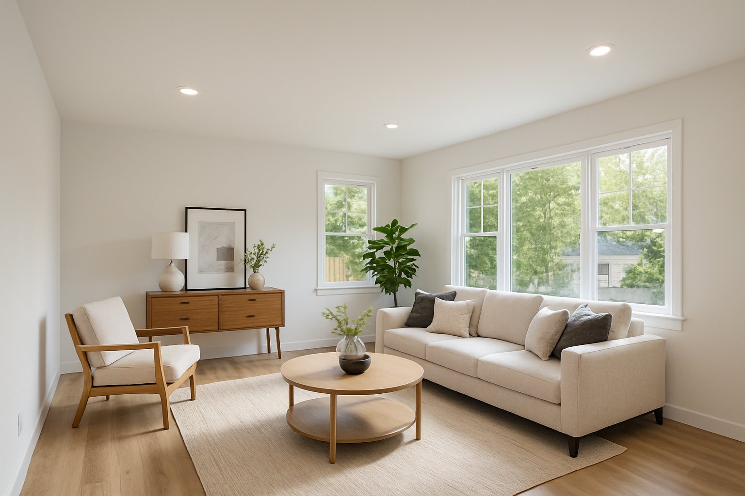 A modern living room with a smooth ceiling, recessed lighting, and large windows letting in natural light.