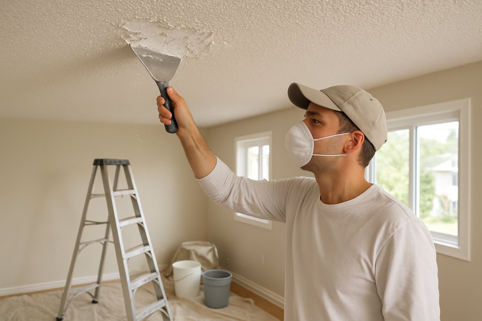 A worker removing old popcorn ceiling texture in a bright, clean room with tools and natural light.