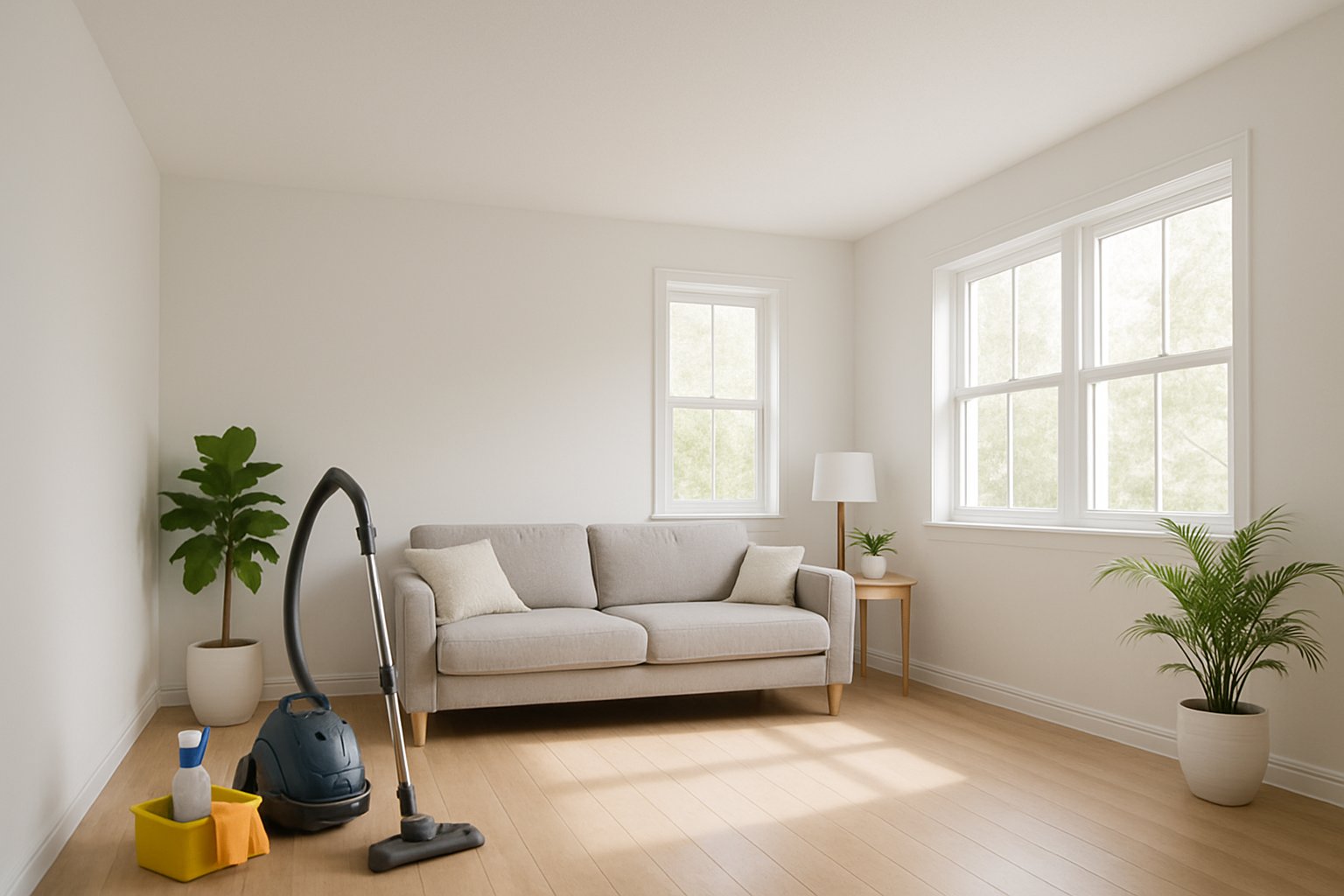A clean, bright living room with smooth white ceilings, natural light, a sofa, wooden floor, and indoor plants.