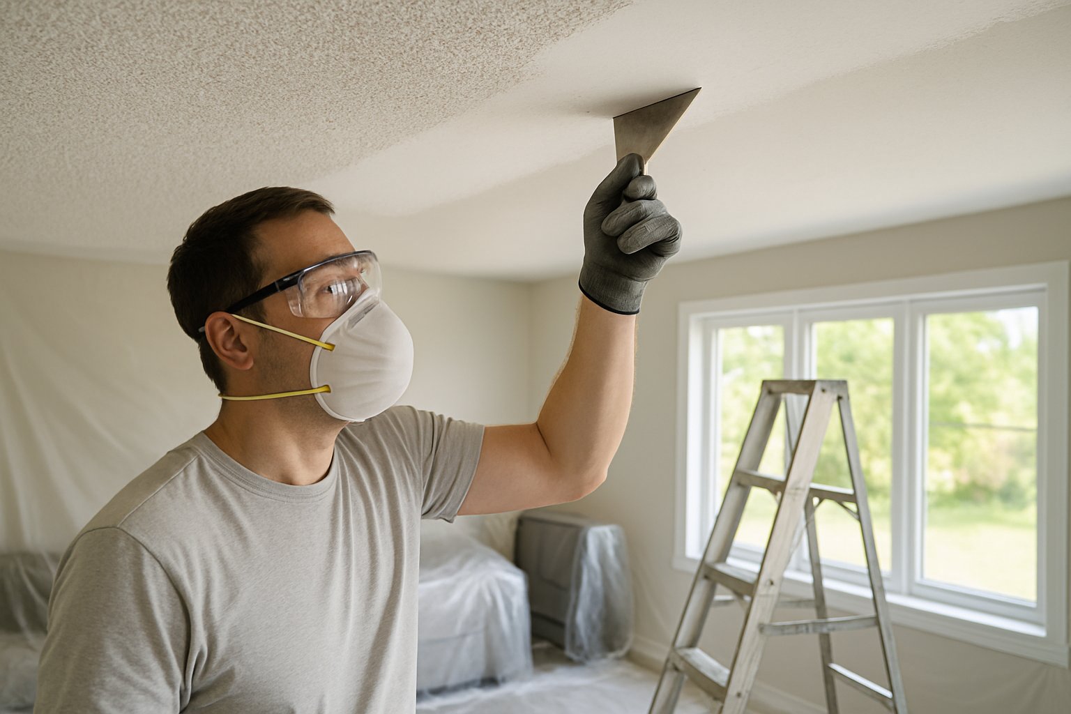 A worker wearing protective gear scraping popcorn ceiling texture in a bright residential room with plastic coverings on the floor.