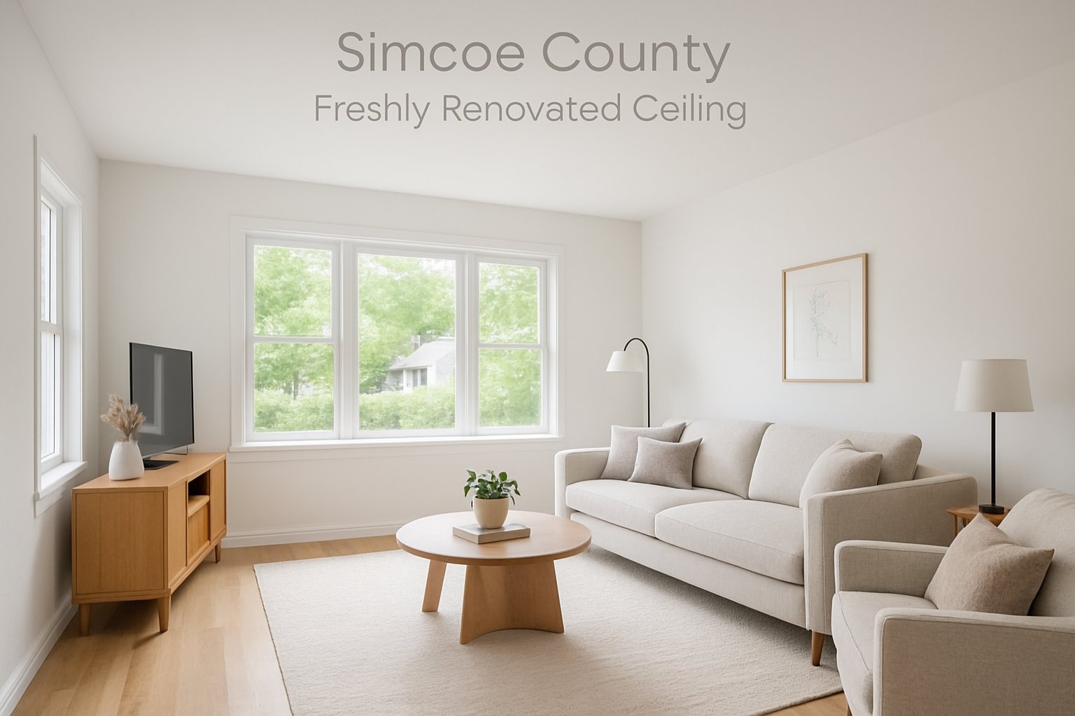 A bright living room with a smooth white ceiling and modern furniture, illuminated by natural sunlight from large windows.