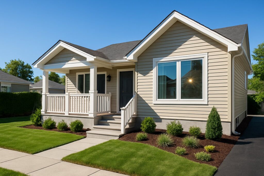 A renovated suburban home with a new front porch, energy-efficient windows, landscaped yard, and paved driveway on a clear day.