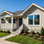 A renovated suburban home with a new front porch, energy-efficient windows, landscaped yard, and paved driveway on a clear day.