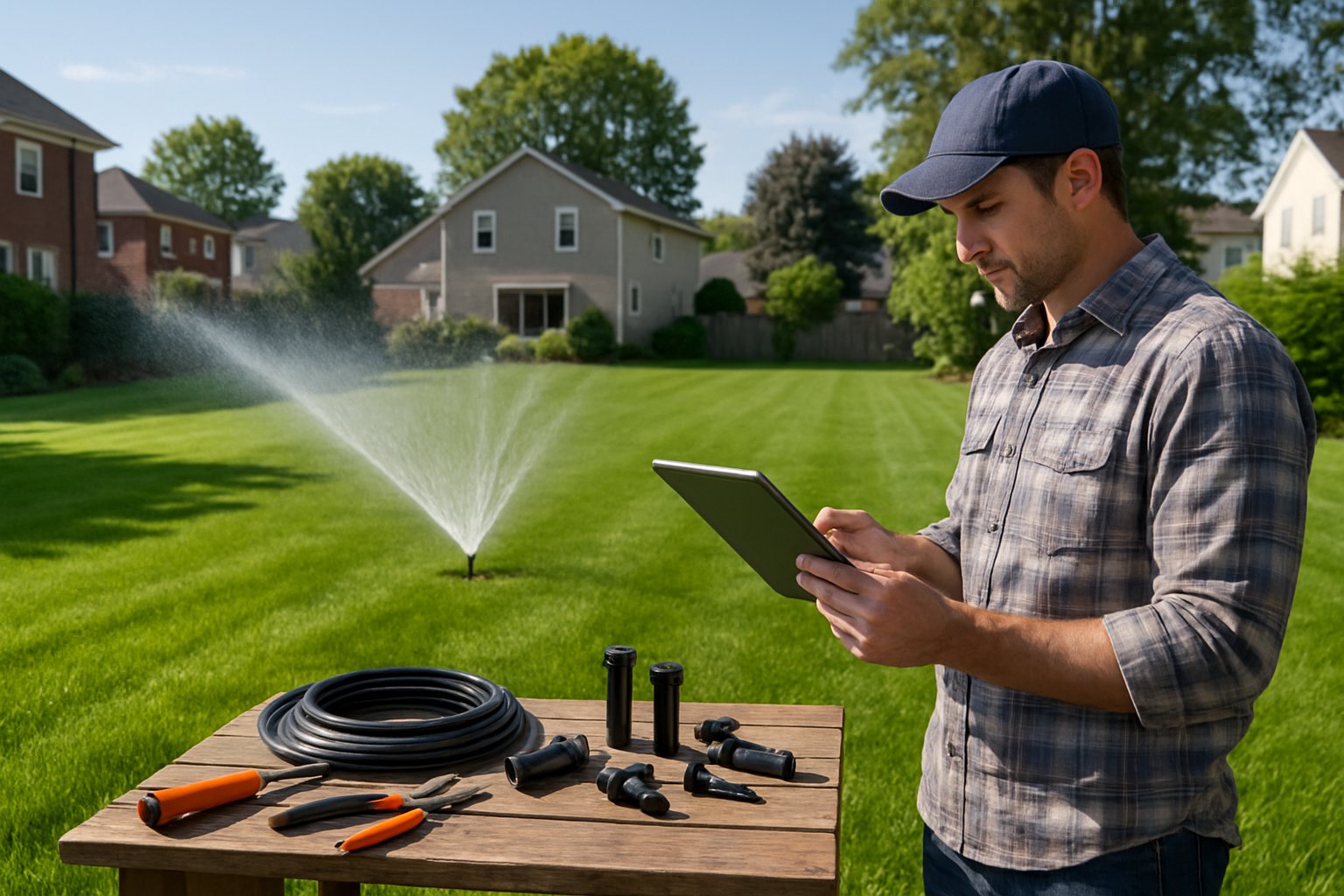 A homeowner planning sprinkler installation in a suburban backyard with sprinklers watering a green lawn on a sunny day.