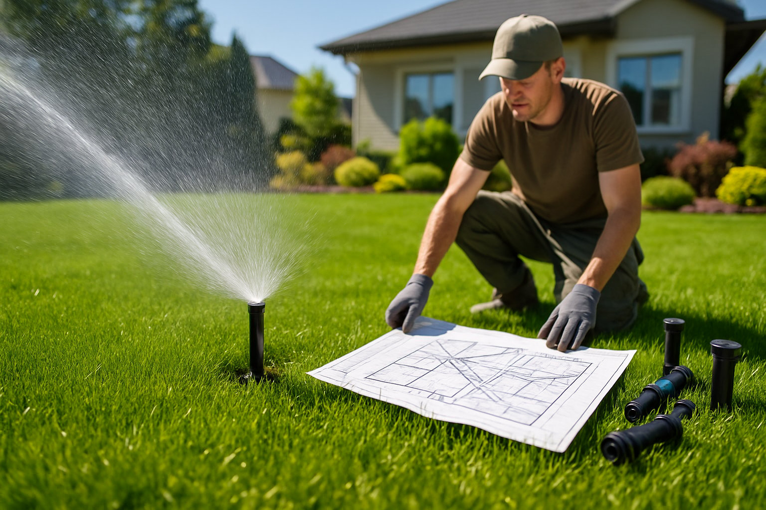 A person examining a sprinkler system plan on a lawn with sprinklers watering green grass in front of a house.
